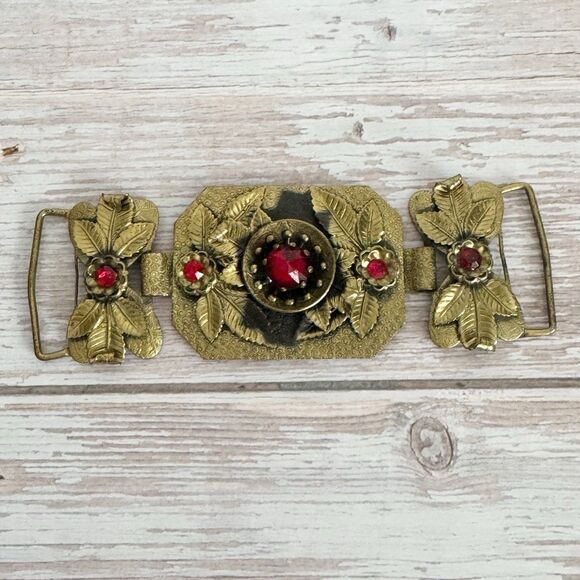 Art Nouveau Vintage Antique Bohemian Czech Garnet Red Glass Brass Sash Buckle - Picture 7 of 8